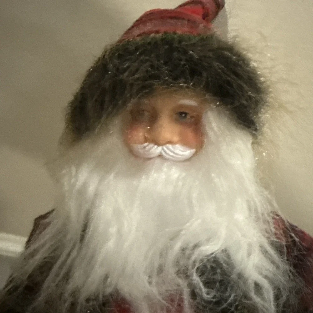 16‎ inch Tall Standing Santa Claus Holding JOY sign Red Plaid Coat Fur Accents